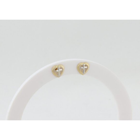 14k Yellow Gold & White Gold Heart Cross Earrings Stud Post 1/4" Round - Picture 8 of 9